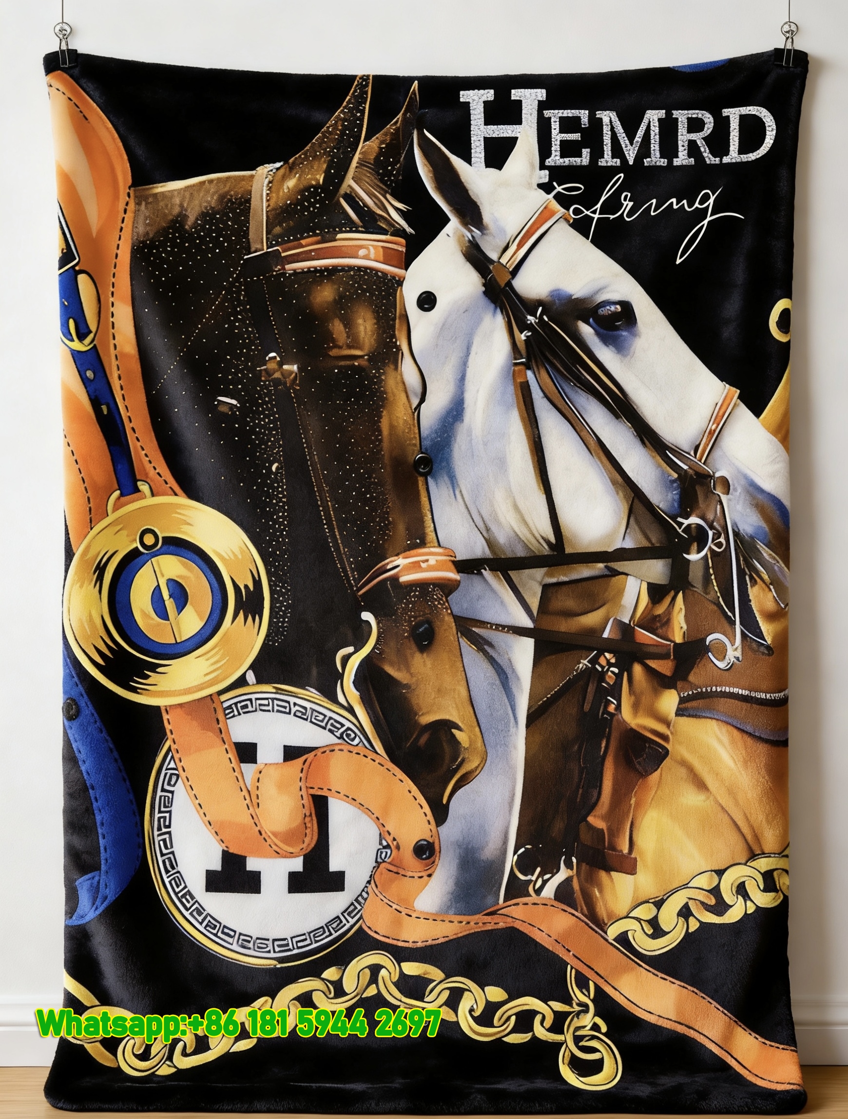 Luxury Hermès Inspired Two Horses Flannel Throw Blanket IMG_5178